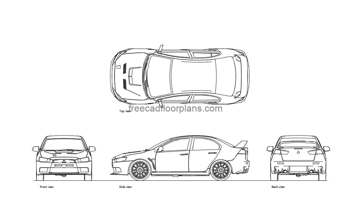 mitsubishi lancer evolution autocad drawing, plan and elevation 2d views, dwg file free for download