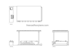 outdoor pergola with bbq autocad drawing, plan and elevation 2d views, dwg file free for download