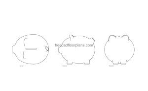 piggy bank autocad drawing, plan and elevation 2d views, dwg file free for download