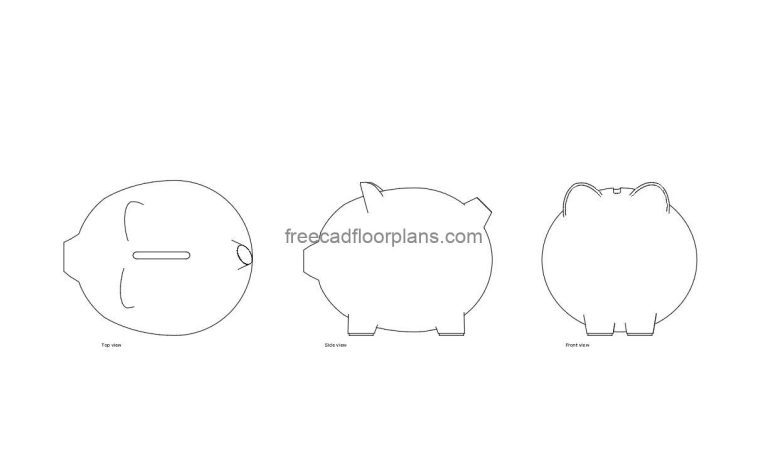 piggy bank autocad drawing, plan and elevation 2d views, dwg file free for download