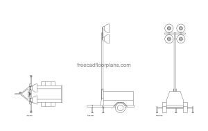 portable tower light autocad drawing, plan and elevation 2d views, dwg file free for download