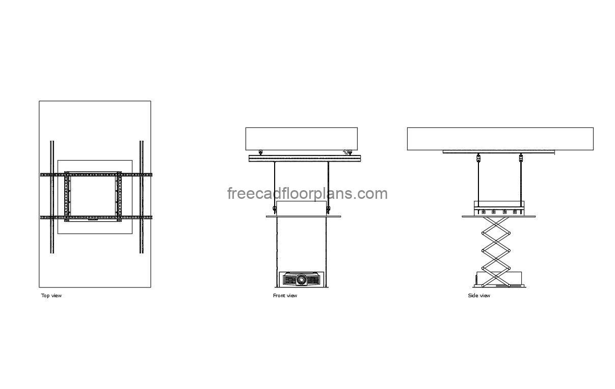 projetor lift autocad drawing, plan and elevation 2d views, dwg file free for download