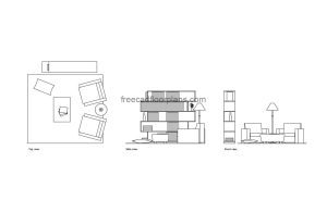 reading area autocad drawing, plan and elevation 2d views, dwg file free for download