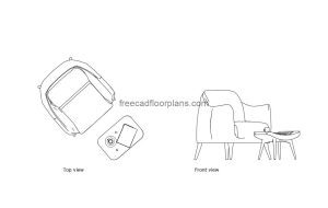 reading chair with table autocad drawing, plan and elevation 2d views, dwg file free for download