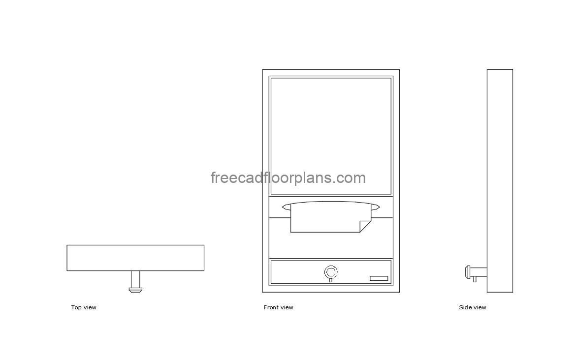 restroom paper towel dispenser autocad drawing, plan and elevation 2d views, dwg file free for download