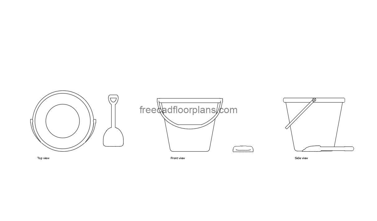 sand bucket autocad drawing, plan and elevation 2d views, dwg file free for download