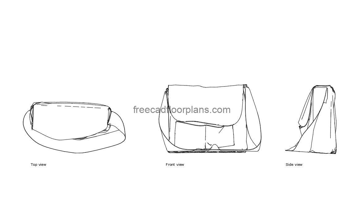 school bag autocad drawing, plan and elevation 2d views, dwg file free for download