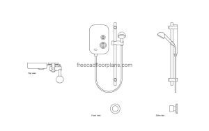 shower heater autocad drawing, plan and elevation 2d views, dwg file free for download