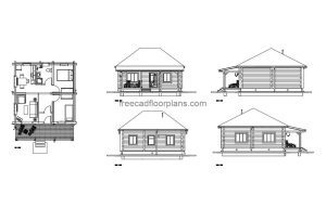small log cabin autocad drawing, plan and elevation 2d views, dwg file free for download