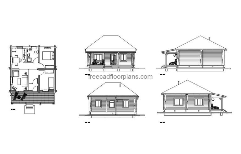 small log cabin autocad drawing, plan and elevation 2d views, dwg file free for download
