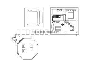 small one bedroom bungalow autocad drawing, 2d plan and elevation 2d views, dwg file free for download