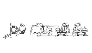terex tw-170 excavator autocad drawing, plan and elevation 2d views, dwg file free for download