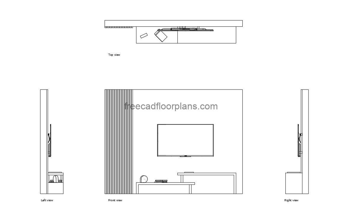 tv-wall autocad drawing, plan and elevation 2d views, dwg file free for download