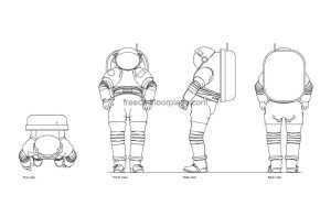 astronaut autocad drawing, plan and elevation 2d views, dwg file free for download
