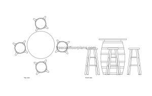 barrel table and chairs autocad drawing, plan and elevation 2d views, dwg file free for download