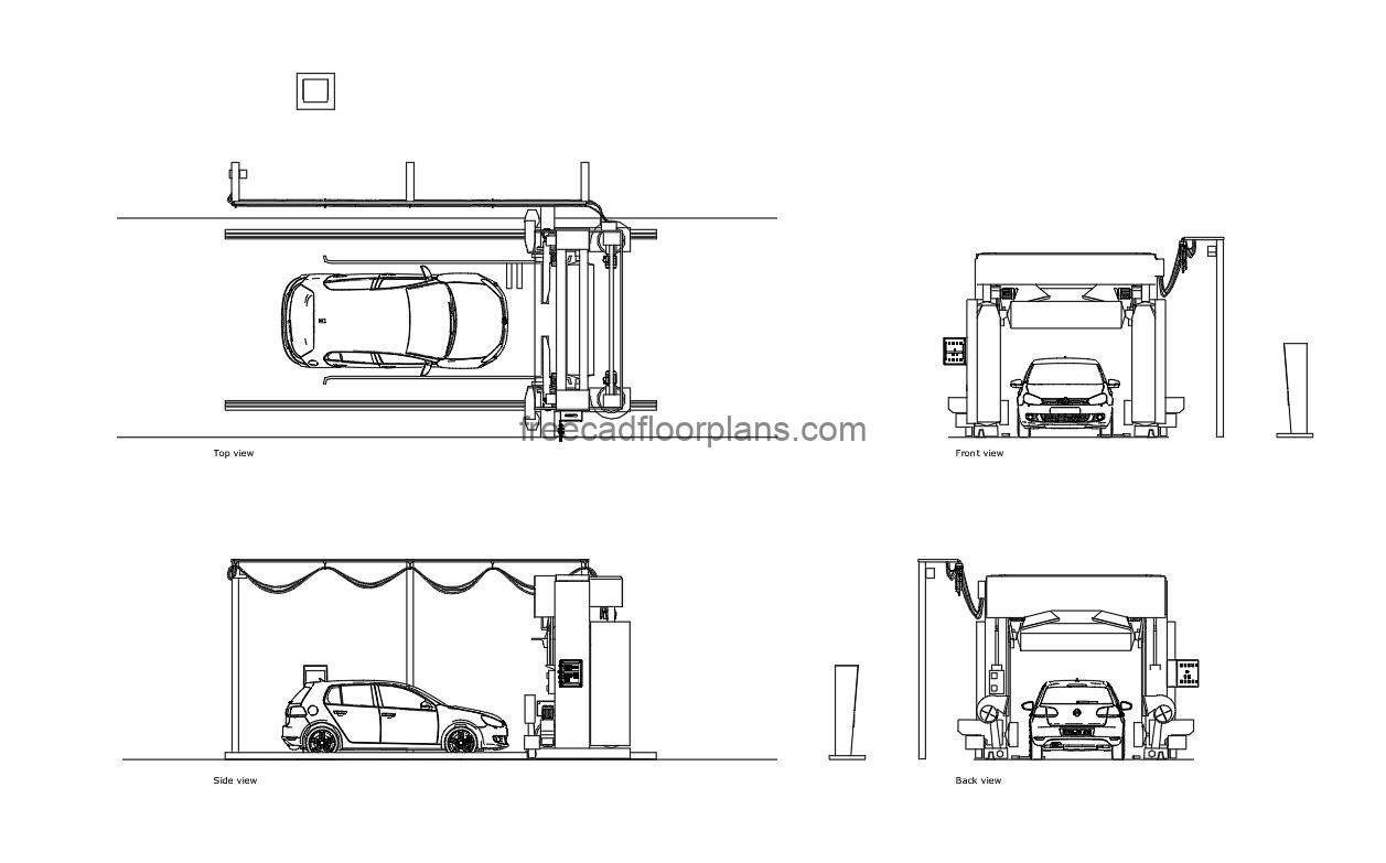 car wash machine autocad drawing, plan and elevation 2d views, dwg file free for download