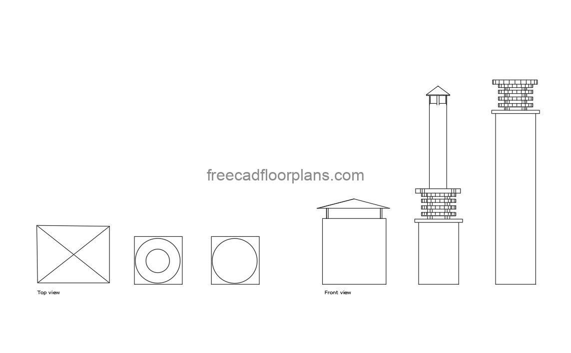 chimney vents autocad drawing, plan and elevation 2d views, dwg file free for download