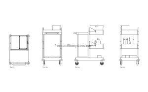 cleaning trolley autocad drawing, plan and elevation 2d views, dwg file free for download