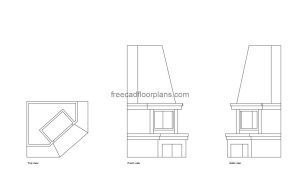 corner fireplace autocad drawing, plan and elevation 2d views, dwg file free for download