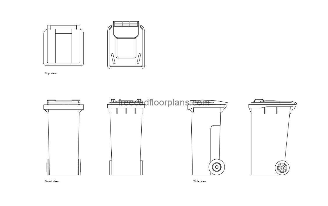 domestic wheelie bin autocad drawing ,plan and elevation 2d views, dwg file free for download