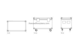 flightcase autocad drawing, plan and elevation 2d views, dwg file free for download