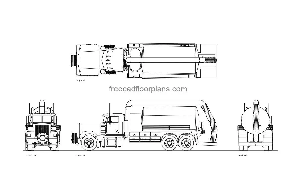 hydrovac truck autocad drawing, plan and elevation 2d views, dwg file free for download