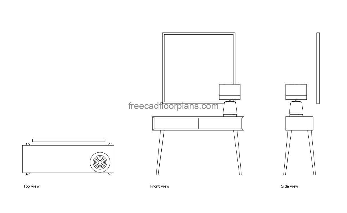 modern console table autocad drawing, plan and elevation 2d views, dwg file free for download