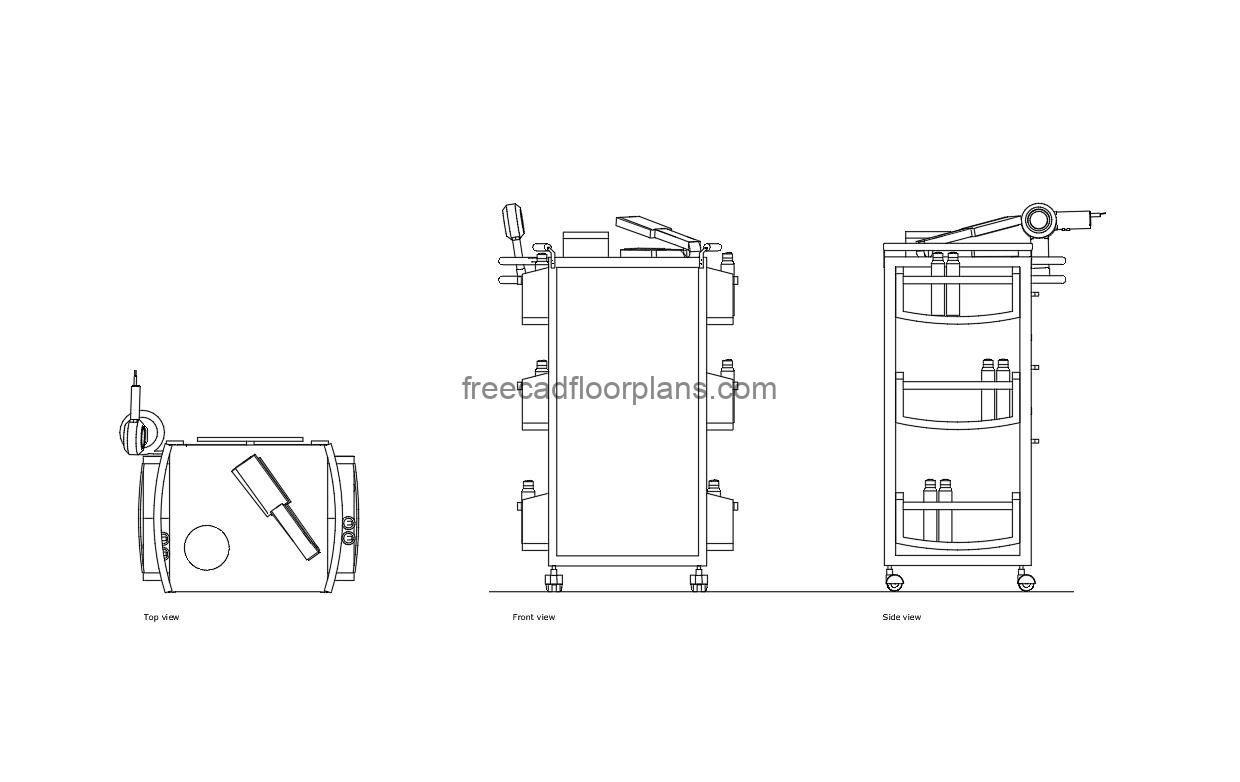 salon trolley cart autocad drawing, plan and elevation 2d views, dwg file free for download