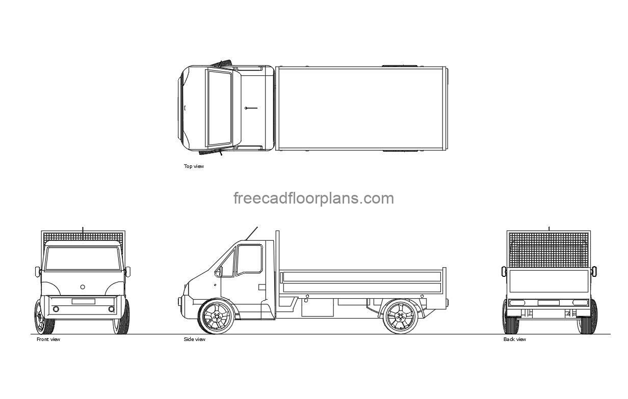 small truck autocad drawing, plan and elevation 2d views, dwg file free for download