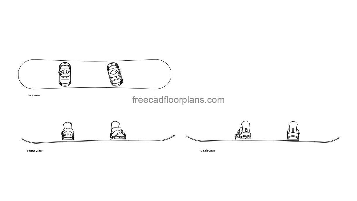 snowboard autocad drawing, plan and elevation 2d views, dwg file free for download