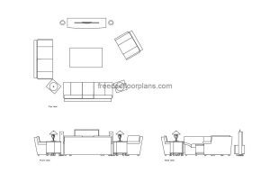 Autocad drawing with modern sofa set, with TV table, side lamps, two-seater, three-seater and one-seater sofa, plants and elevations for free download.