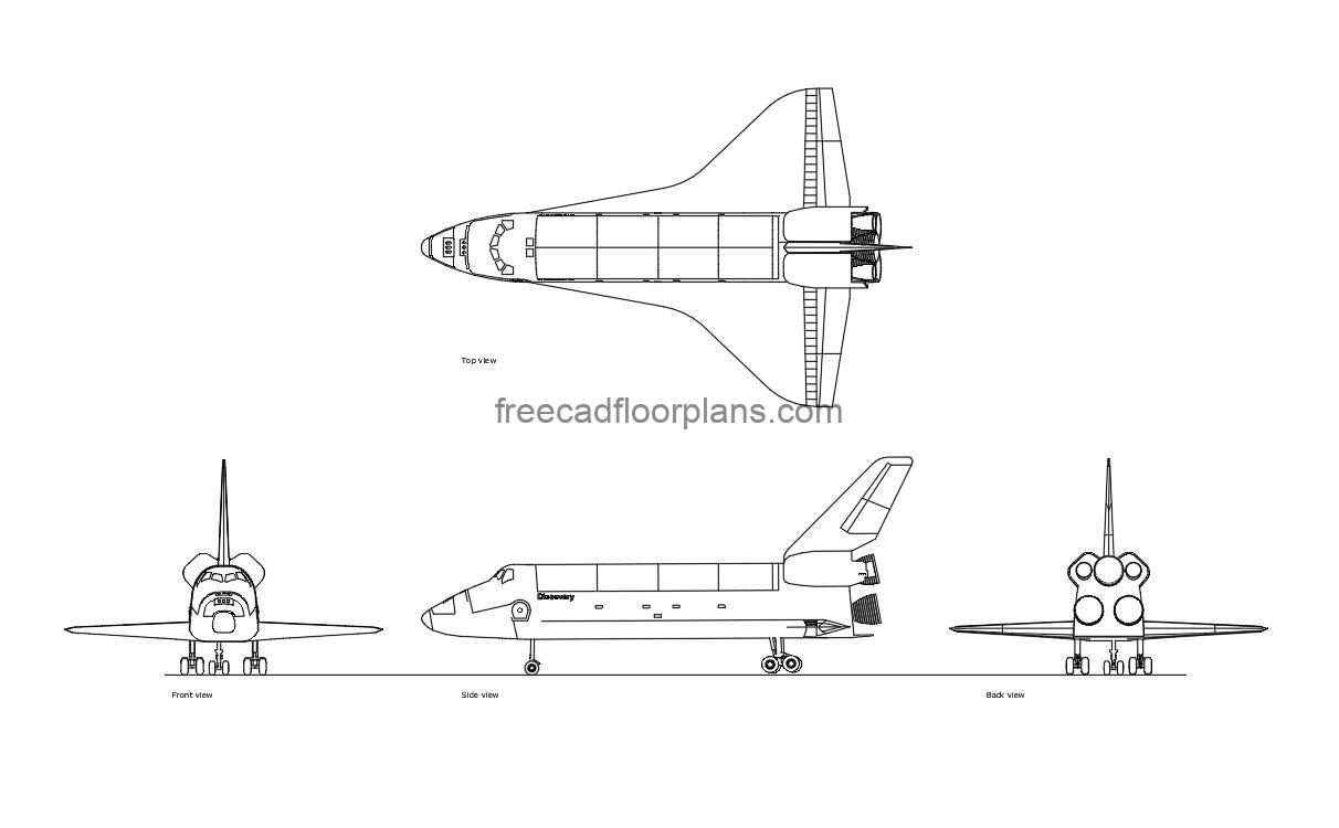 spaceship autocad drawing, plan and elevation 2d views, dwg file free for download