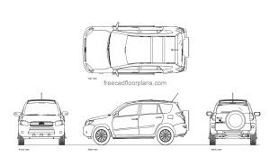 Toyota RAV4 autocad drawing, plan and elevation 2d views, dwg file free for download