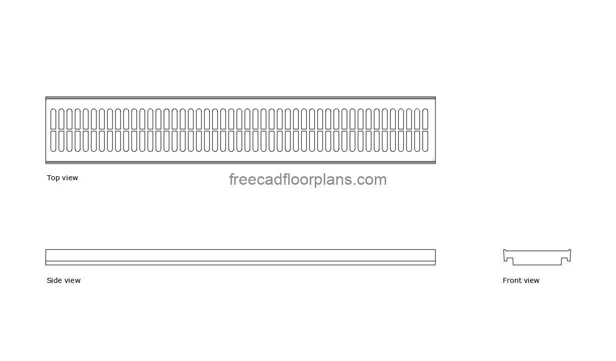 trench drain autocad drawing, plan and elevation 2d views, dwg file free for download