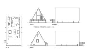 a-frame cabin autocad drawing, plan and elevation 2d views, dwg file free for download