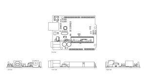 arduino uno r3 autocad drawing, plan and elevation 2d views, dwg file free for download