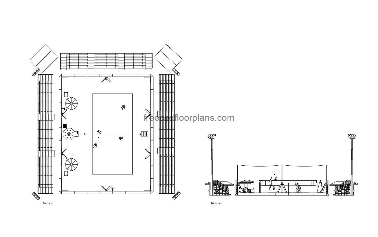 beach volleyball court autocad drawing, plan and elevation 2d views, dwg file free for download