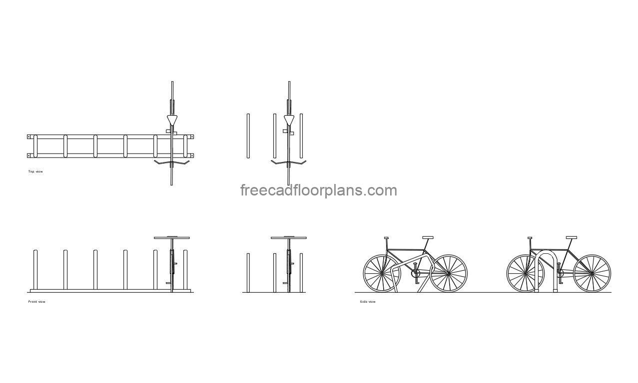 bike rack autocad drawing, plan and elevation 2d views, dwg file free for download