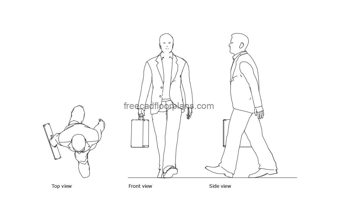Businessman Walking autocad drawing, plan and elevation 2d views, dwg file free for download