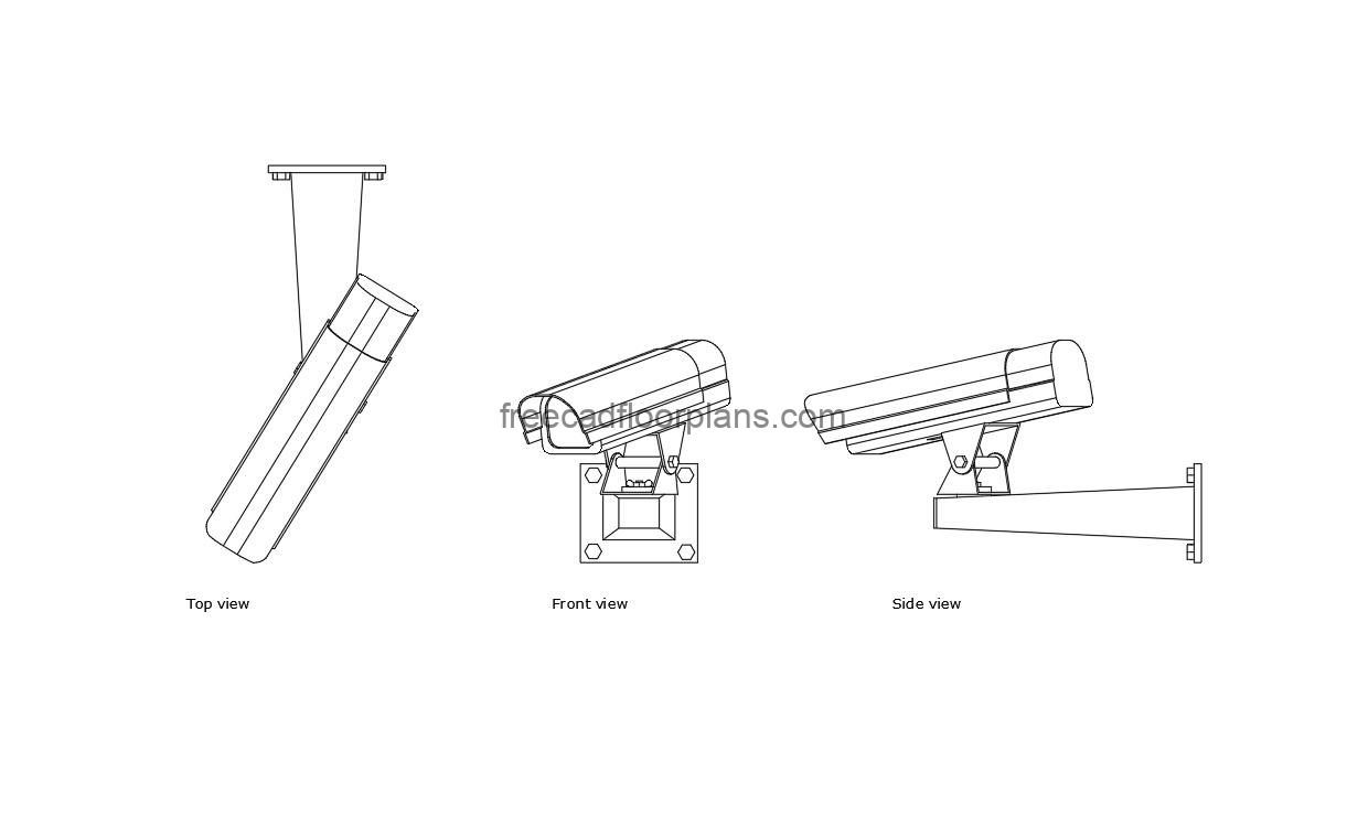 cctv camera wall mounting autocad drawing, plan and elevation 2d views, dwg file for free download