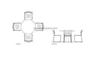 circular table with chairs autocad drawing, plan and elevation 2d views, dwg file free for download
