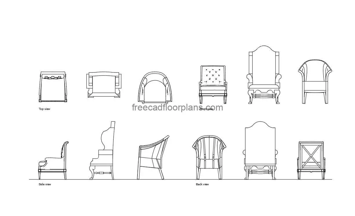 fancy elegant chairs autocad drawing, plan and elevation 2d views, dwg file free for download