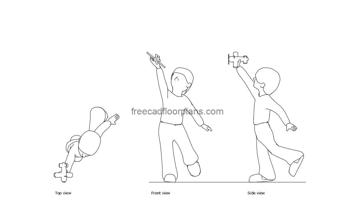 kid playing with toy autocad drawing, plan and elevation 2d views, dwg file free for download