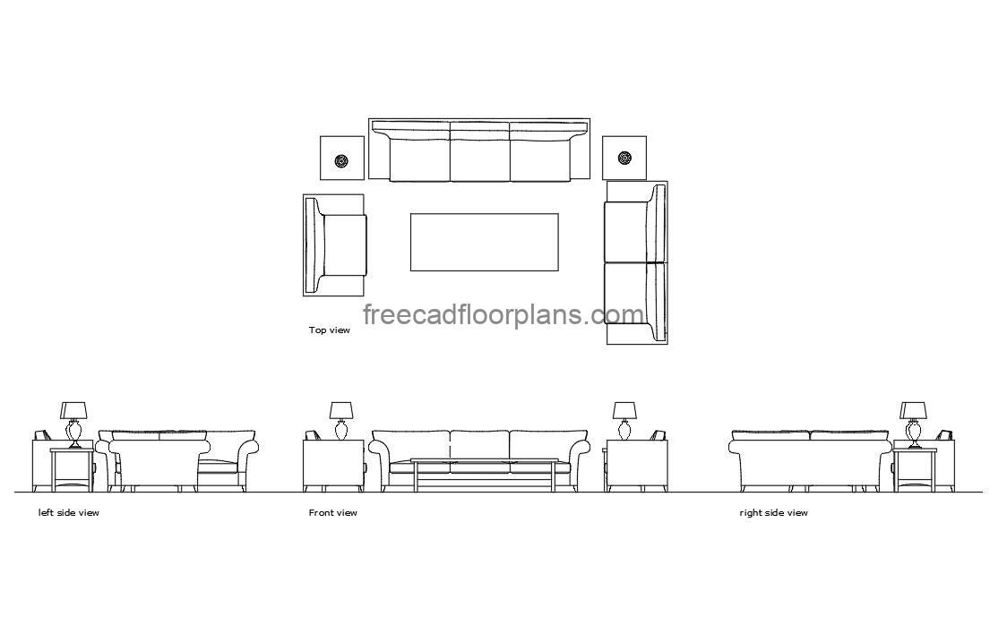 living room set autocad drawing, plan and elevation 2d views, dwg file free for download