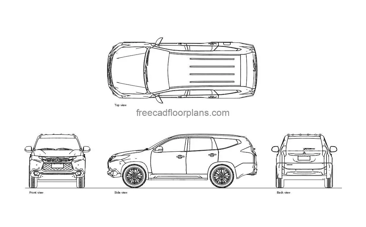 mitsubishi montero autocad drawing, plan and elevation 2d views, dwg file free for download