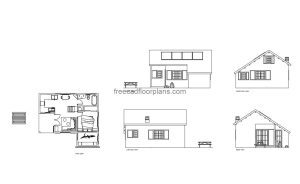 small one bedroom cabin autocad drawing plan and elevation 2d views, dwg file free for download