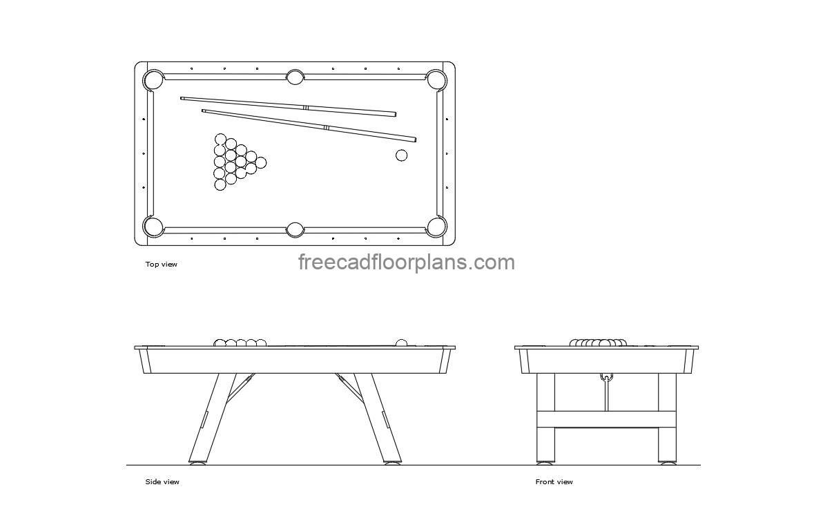 small pool billiards snooker autocad drawing, plan and elevation 2d views, dwg file free for download