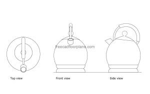 traditional kettle autocad drawing, plan and elevation 2d views, dwg file free for download