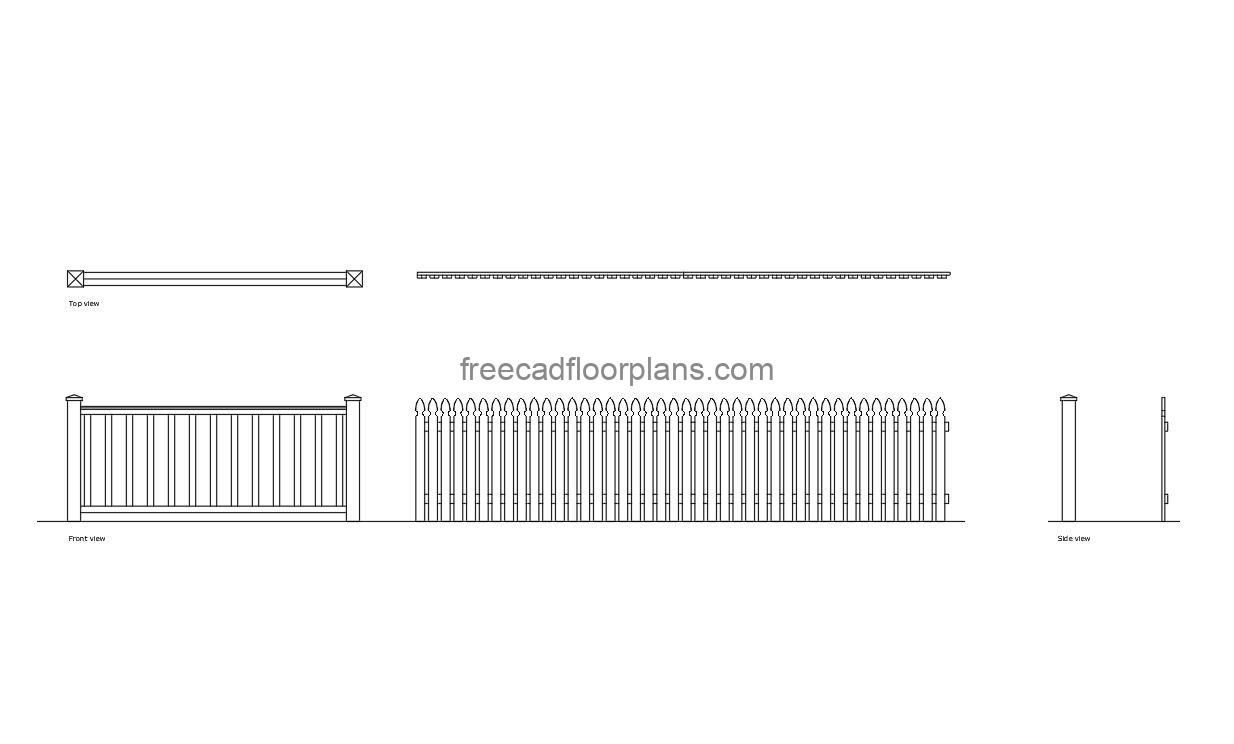 wooden fences autocad drawing, plan and elevation 2d views, dwg file free for download