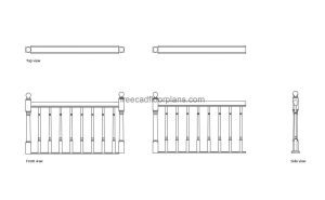 wooden railing autocad drawing, plan and elevation 2d views, dwg file free for download